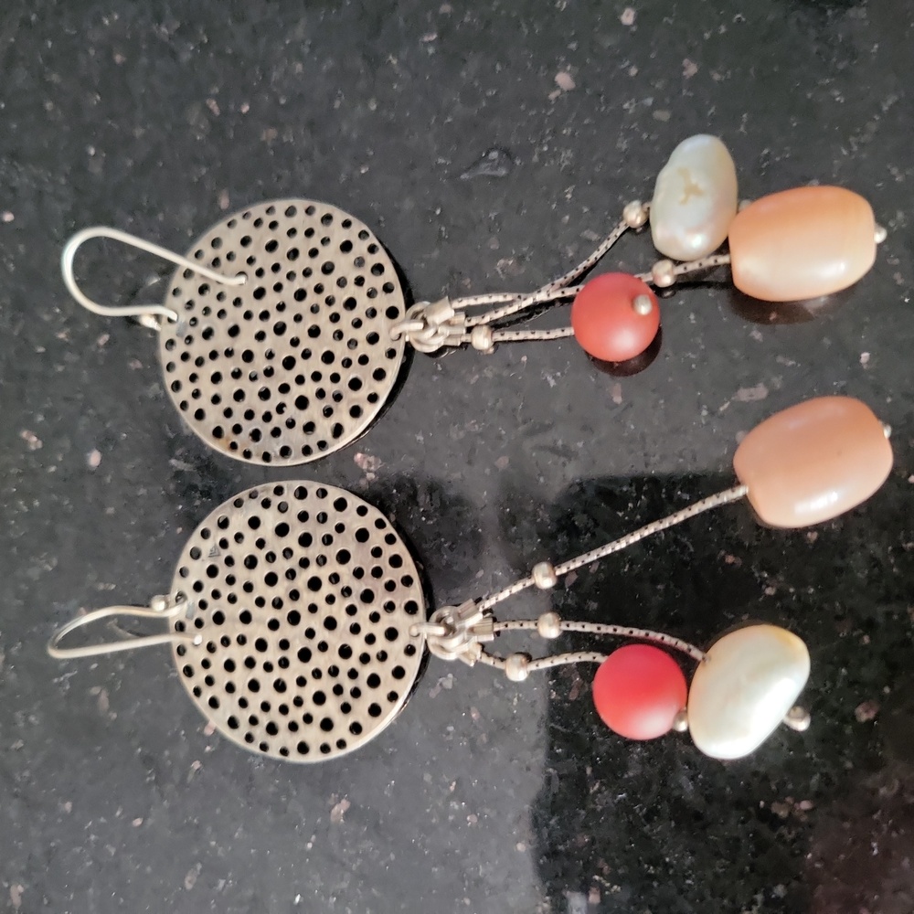 Silpada Sterling Silver Pearl & Stone Dangle Earrings Stamped Signed 3 1…